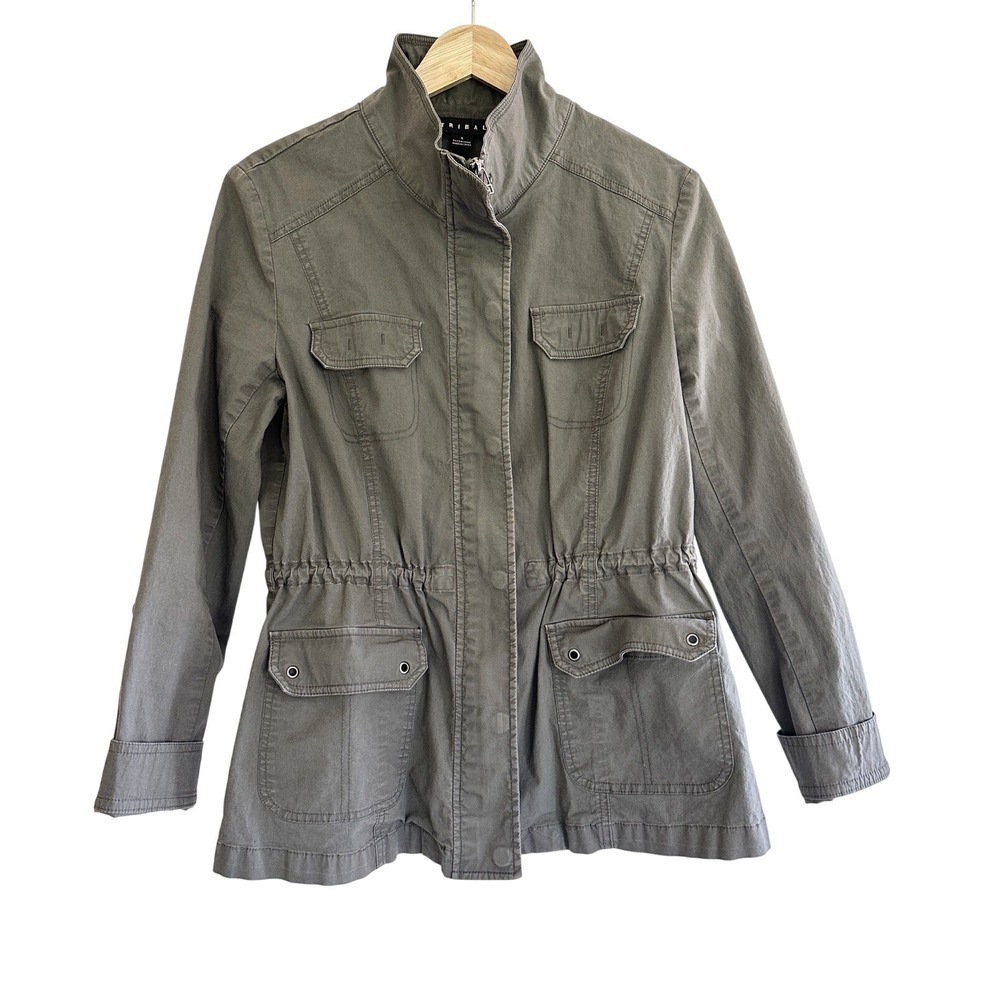 Women's Tribal Jacket Size 6‎ Stretch Adjustable Waist Pockets Gray Green